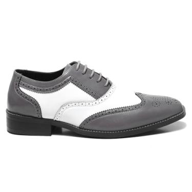 Imagem de Metrocharm Sapato social masculino Oxford em dois tons, couro sintético, estilo brogue, design com cadarço para uso formal, MC118, Cinza, branco, 46