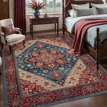 Imagem de Tangsoo Tapete vintage 10 x 15 lavável para entrada terracota azul antiderrapante tapete de área pequena, azul ferrugem interior porta da frente vermelho azul