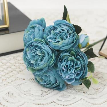 Imagem de Flores artificiais de peônia de seda, buquê de rosas, decoração de Natal para casa, arranjos florais falsos para casamento, jardim, guirlanda para festa, acessórios faça você mesmo (azul)