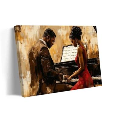 Imagem de QIXIANG Arte de parede Black Jazz Music Impressão em tela afro-americana casal preto tocando piano imagens instrumentos musicais pintura moldura decorativa (marrom, 30,5 cm C x 45,7 cm L)