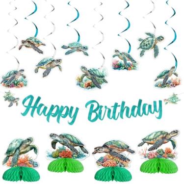 Imagem de JOYMEMO Decorações de aniversário de tartarugas marinhas para meninos e meninas - faixa de feliz aniversário de tartarugas, redemoinhos pendurados, centros de mesa de centro de colmeia sob o mar, tema