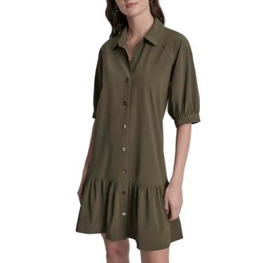 Imagem de DKNY Mini vestido feminino manga cotovelo gola gola babados bainha botão frontal, Morel, 42