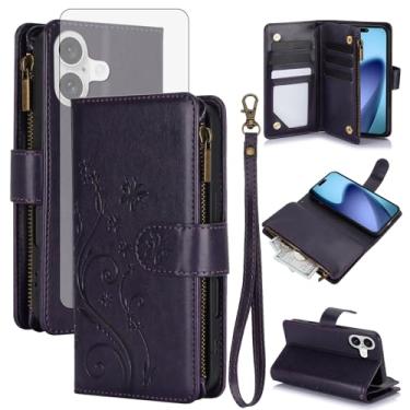 Imagem de Capa de celular para iPhone 17 6,3 polegadas carteira com protetor de tela de vidro temperado alça flor flip zíper porta-cartões suporte suporte couro i Phone17 i17 17 capa feminina meninas homens