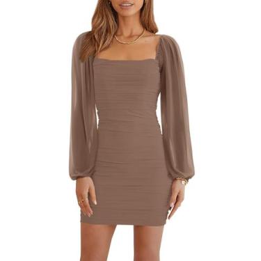 Imagem de Vestido Wenrine Mesh, manga comprida, gola quadrada, Bodycon, marrom