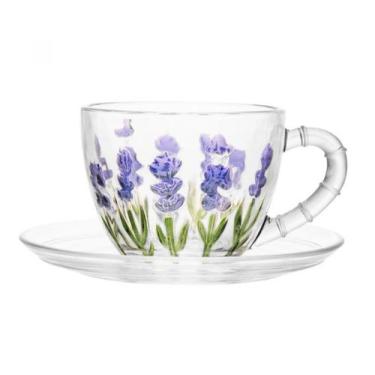 Imagem de Xícara de Chá com Pires Lavanda Hand Painting em Cristal 220ml - Lyor