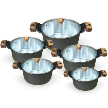 Imagem de Jogo De Panelas Fundidas Usinadas 5 Peças Varias Cores Tampa De Vidro 