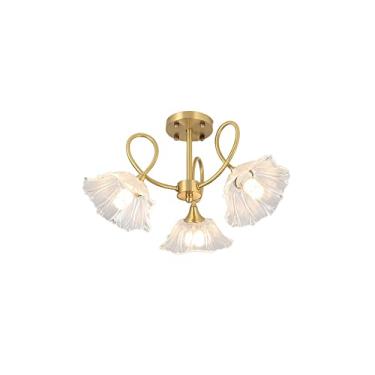Imagem de Luminária de teto de flor Sputnik de 3 luzes, vidro de lótus, moderna, de fazenda, cozinha, luminária de teto, latão escovado, semi-embutida, lustre para quarto, banheiro, corredor, sala de