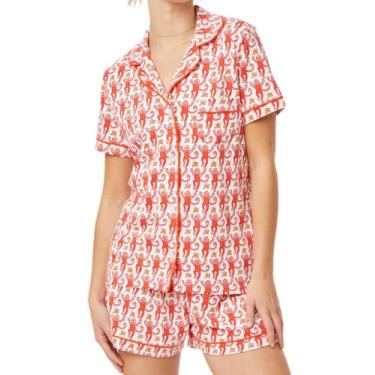 Imagem de Conjunto de pijamas femininos Zelbuck Button Down Monkey Bunny Red
