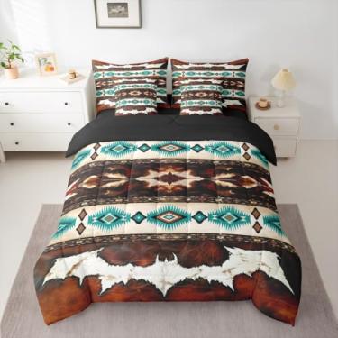 Imagem de Feelyou Conjunto de edredom Queen asteca ocidental com estampa de vaca de vaca vintage animal retrô 7 peças, estilo boho, rústico, casa de fazenda, cama em uma bolsa, decoração de quarto geométrico