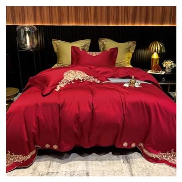 Imagem de Jogo de cama luxuoso de algodão 1000TC bordado capa de edredom conjunto de lençol plano fronha 4 peças conjunto de cama para adultos (2 queen)