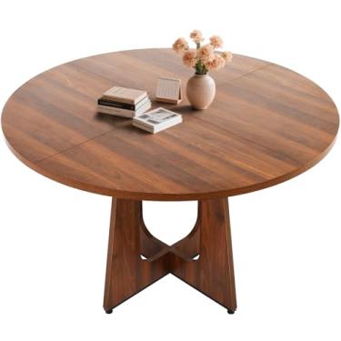 Imagem de Mesa de jantar redonda de 128 cm, mesa de jantar redonda de madeira moderna e simples, para 4 a 6 pessoas, usada na cozinha, sala de estar, sala de reuniões (nogueira)