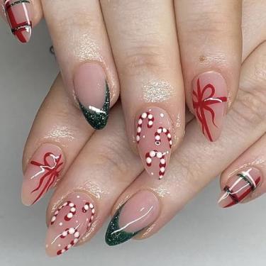 Imagem de Pregos postiços de Natal de amêndoa média, unhas postiças, purpurina, ponta francesa, cola brilhante, unhas postiças nuas com bengalas, desenhos de laços, unhas artificiais, 24 peças