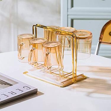 Imagem de YISMAN Escorredor de copos de metal com 6 ganchos, escorredor de garrafa com bandeja de drenagem, suporte de caneca de café, organizador de canecas dourado