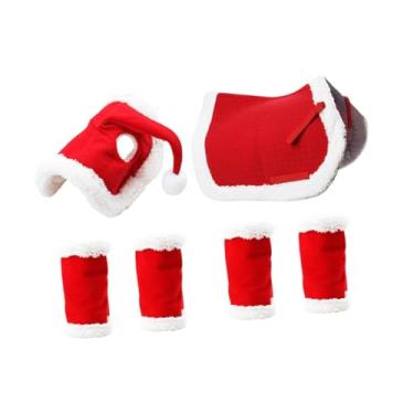Imagem de oshhni Chapéu de Papai Noel para Cavalo, Protetor de Perna com Chapéu, Almofada de Sela, Botas de Corrida para Cavalos, 4 Peças, Envoltórios de Perna de
