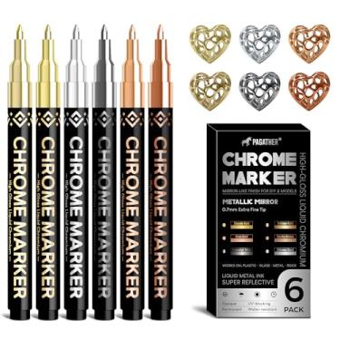 Imagem de Pagather Marcadores de tinta cromada de 6 cores, canetas cromadas líquidas espelhadas permanentes para plástico, metal, modelo, joias, pintura de rodas, kit de retoque e reparo, projetos de arte DIY