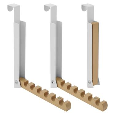 Imagem de Tzdxfgl 3 ganchos de porta dobráveis e retráteis, cabides de secagem – instalação sem furadeira para banheiro, lavanderia, organização de armário (ferro branco e madeira)