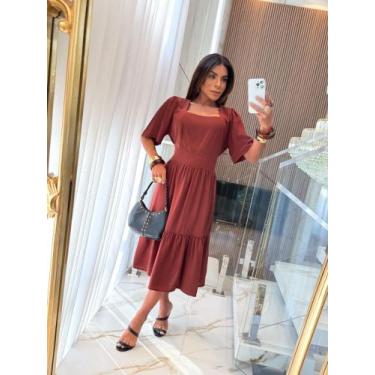 Imagem de Vestido midi liso elegante luxo manga curta flare natal ano novo prima