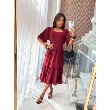 Imagem de Vestido midi liso elegante luxo manga curta flare natal ano novo prima