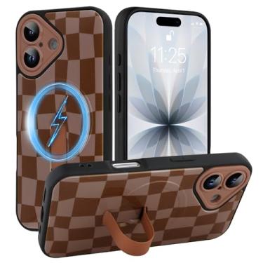 Imagem de SOKAD Capa quadriculada magnética para iPhone 17 com suporte de alça de dedo, compatível com Magsafe, lindo tabuleiro de xadrez projetado para mulheres e homens, capa de proteção completa para câmera