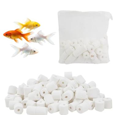 Imagem de giteo bedding Meio filtrante de aquário, conjunto de anéis biológicos de cerâmica com saco de malha com zíper, meios de filtro biológicos marinhos duráveis de água doce para aquário, lagoa, vasilha