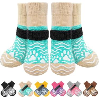 Imagem de PUPTECK Meias Antiderrapantes Para Cães, Sapatos Com Garras Evitar Lambidas, Pisos De Madeira, Botas Borracha E Protetores Patas Cães Pequenos, Médios Grandes, Pavimento Frio/Quente, Botinhas Verdes