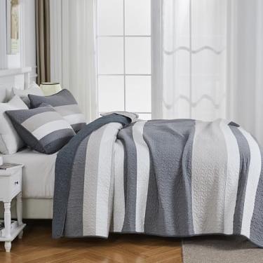 Imagem de PERHOM Colcha King 100% algodão, colcha king size listrada cinza com 2 fronhas, edredom fino leve e macio, conjunto de cama de patchwork acolchoado, 3 peças