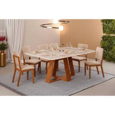Imagem de Sala de Jantar Completa Celeste c/ Tampo Madeirado Retangular 170x90cm e 6 Cadeiras Talia Freijo/Quartzo - Suede Creme - DJ Móveis