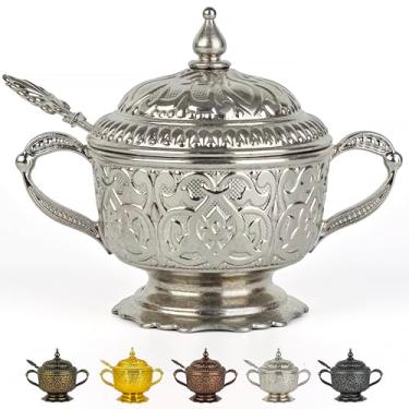 Imagem de carrina Açucareiro de metal em relevo de 170 g com tampa e colher – Açucareiro decorativo com tampa, tigela de cereal, pote de temperos e pote de açúcar com colher para barra de café (prata)