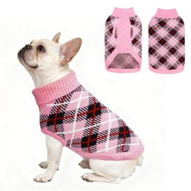 Imagem de BEAUTYZOO Suéter para cães pequenos, tricô para filhotes de cachorro para clima frio, listrado_rosa xadrez SM
