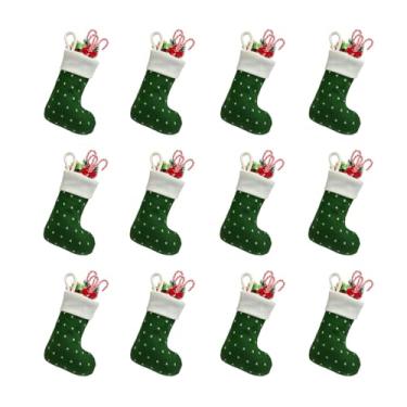 Imagem de aokansha Pacote com 12 mini meias de Natal, meias tricotadas de Natal, lareira, árvore de Natal, decoração de meias de Natal, pontos verdes, enfeites de malha para pendurar em família