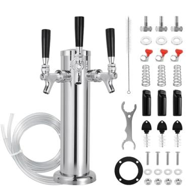 Imagem de Dbgogo Torre de cerveja de aço inoxidável com três torneiras, flange de 7,6 cm, torre de cerveja com fecho automático, dispensador de torneira de barril de torre Kegerator, kit de montagem de farpa de