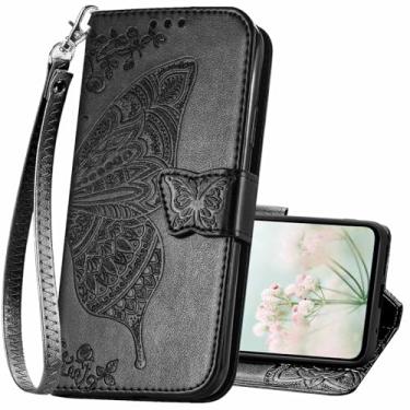 Imagem de KRHGEIK Capa carteira para Galaxy S25 FE, borboleta em relevo flip de couro PU com porta-cartões de crédito alça de pulso feminina capa protetora para Samsung Galaxy S25 FE 2025, 6,7 polegadas (preto)