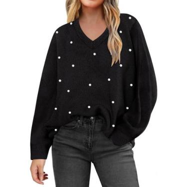 Imagem de Suéter CARCOS Plus Size Black Pearl tricotado com decote em V de inver