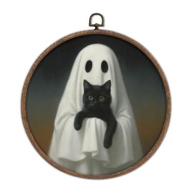 Imagem de DTLGTG Arte de parede gótica fantasma e gato preto, arte de parede fantasma de Halloween, tela emoldurada redonda, pintura fantasma, decoração vintage de Halloween para quarto ou sala de estar, 25 x