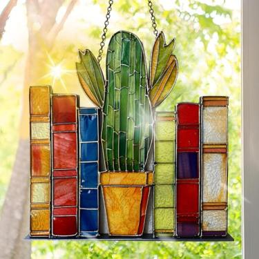 Imagem de Apanhador solar de acrílico colorido, decoração de janela para pendurar livros com design de vitral impresso, apanhador de sol, arte de parede de arco-íris, ornamentos de Natal para uso interno e
