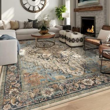 Imagem de GERUIMO Tapete lavável de 15 x 23 cm para sala de estar, azul bege boho vintage floral, grande antiderrapante, tapete de lã sintética macia, adequado para crianças e animais de estimação para quarto