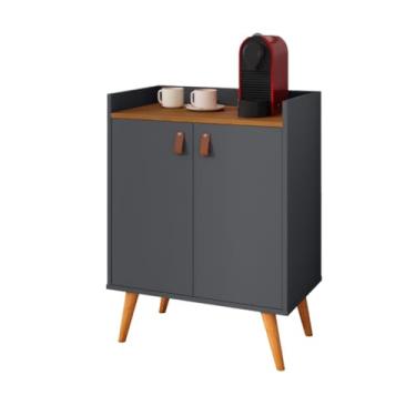 Imagem de Armário Aparador Buffet Cantinho do Café Hall de Entrada 2, 3 ou 4 Portas Pé Palito Puxador Couro MDP/MDF(Luana 2 Cinza/Freijó)