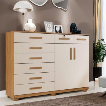 Imagem de Cômoda 8 Gavetas 2 Portas com Pés New Triunfo Benetil, Cinamomo/Off Ar