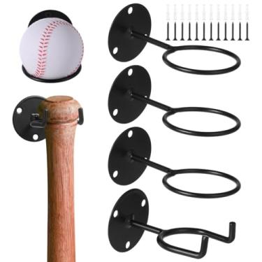 Imagem de Conjunto de suportes de parede de beisebol e morcego resistentes, rack de armazenamento de 4 peças com tubos de expansão e parafusos, ganchos de exibição de taco de parede e beisebol
