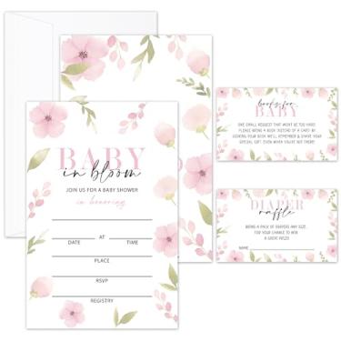 Imagem de ZARYFANCHY Conjunto de convites de chá de bebê, convites florais para chá de bebê meninas meninos, 25 convites com envelopes, cartões de solicitação de livro e ingressos de sorteio de fraldas