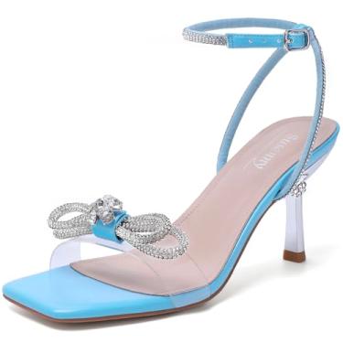 Imagem de Susanny Sapato feminino fechado Rhinstone casamento salto baixo slingback transparente gatinho, tira ajustável, bico fino, salto alto, vestido de formatura, Azul + bl, 35
