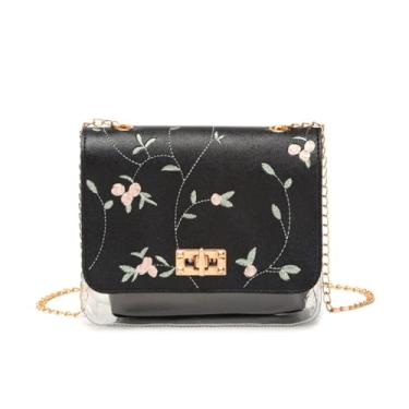 Imagem de Bolsa de ombro feminina transparente 2 em 1 bolsa transversal transparente com estampa floral e alças ajustáveis, Preto