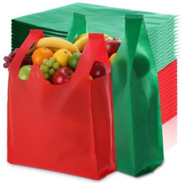 Imagem de Reginary 100 peças reutilizáveis vermelho verde mercearia camisetas sacolas de compras 30 cm x 15 cm x 14 cm, não tecido, lavável, dobrável, portátil, sacola a granel