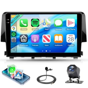 Imagem de Rádio estéreo automotivo 4 núcleos 4G + 128 G para Honda Civic 2016-2021, sem fio Carplay Android Auto, 5G WiFi + GPS, rádio com tela sensível ao toque embutida de 9 polegadas para Civic, câmera de