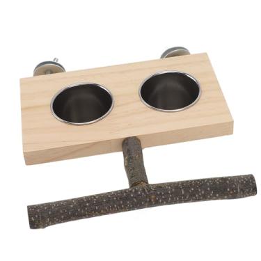 Imagem de Asixxsix Suporte de Poleiro para Pássaros Com Copo de Alimentação, Acessório de Gaiola para Pássaros de Madeira Com Tigelas de Aço Inoxidável para Periquito Periquito