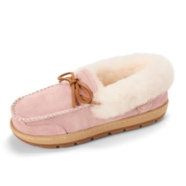 Imagem de Dearfoams Pantufa feminina de mocassim de xearling australiano genuíno - Gladstone para uso interno e externo, Rosa empoeirado, 37