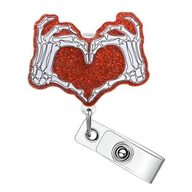 Imagem de Carretel de crachá de mão de esqueleto engraçado para dia dos namorados, clipe decorativo para crachá de dia dos namorados, porta-crachá retrátil com clipe jacaré, suporte de crachá de identificação