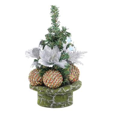 Imagem de Pequena Árvore De Natal,22 cm Planta Artificial Decorativa | Com Bolas e Flores Mini Árvore de Natal - Para Casa Escritório Café Quarto Sala Estante Decoração