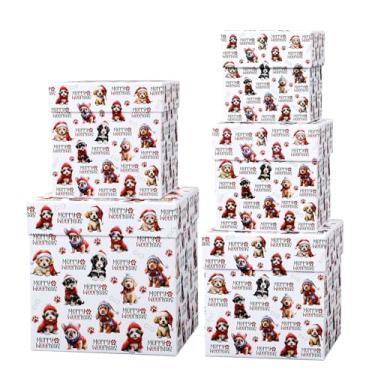 Imagem de Roowest 5 caixas de presente de Natal com tampas, caixas de presente de papelão empilháveis quadradas para cães, embalagem decorativa de papel de embrulho de Natal para presente de festa de Natal
