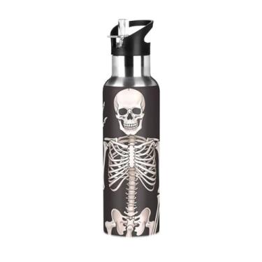 Imagem de Wassud Garrafa de água Hello Skeletons de aço inoxidável esportiva com canudo garrafas de água isoladas copo portátil de viagem 946 ml